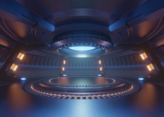 Empty light blue studio room futuristic interior with empty stage with lights blue