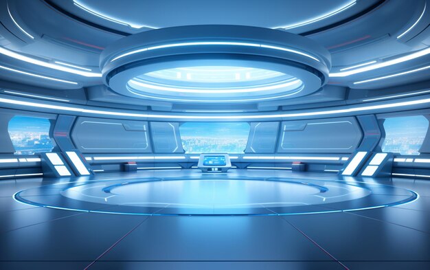 Empty light blue studio room futuristic Sci Fi big hall room with lights blue Future background for