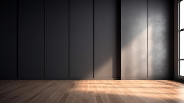 Empty light dark wall with beautiful chiaroscuro and wooden floor minimalist background for product presentation mock up