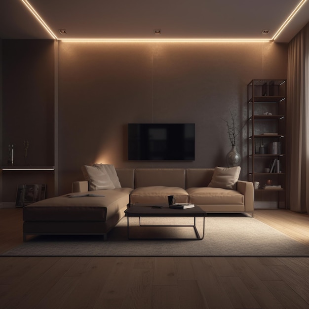 インテリアライトを備えたモダンな部屋の空の光表示壁には、エレガントなソファの生成 AI が含まれています