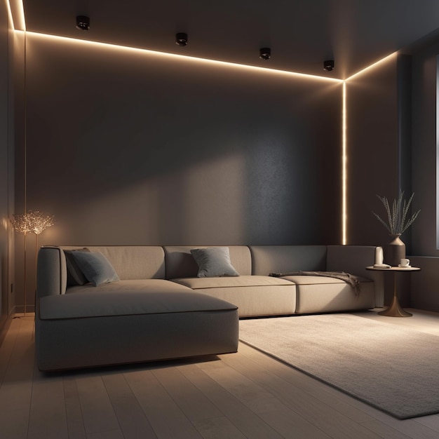 Empty Light Display Wall of modern room with interior lights Include an elegant couch generative AI