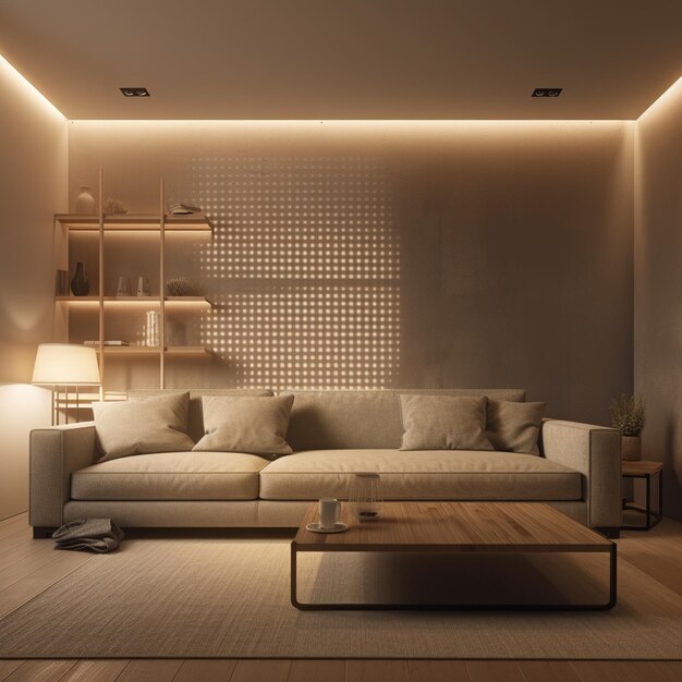 Empty Light Display Wall of modern room with interior lights Include an elegant couch generative AI