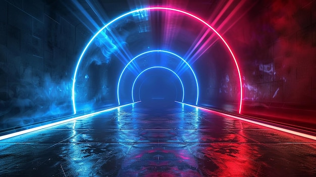 빈 빛 효과 터널 포디움 네온 파란색과 빨간색 빛 광선