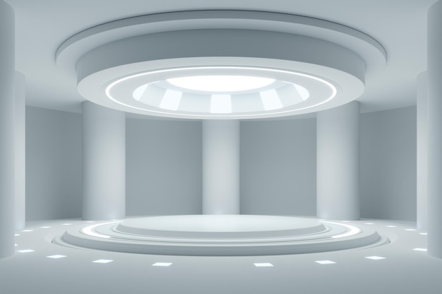 Empty light white studio room futuristic sci fi big hall room with lights white3d rendering