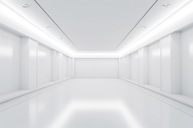 Пустая светлая белая студийная комната футуристическая научная фантастика большой коридор ИИ