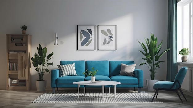 Empty living room with blue sofa plants and table on empty white wall background 3d rendering