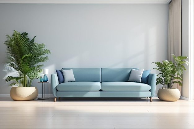 空の白い壁の背景に青いソファの植物とテーブルの空のリビングルーム 3Dレンダリング