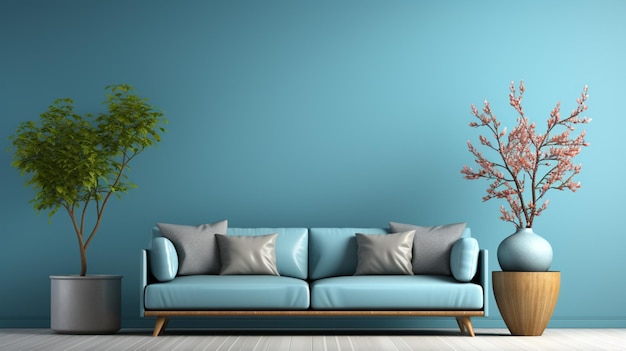 Empty living room with blue sofa plants and table on empty white wall background