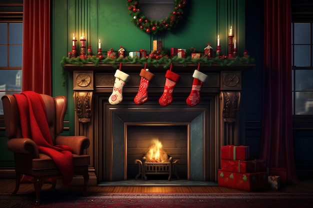 Photo an empty living room with christmas stocking on the fireplace