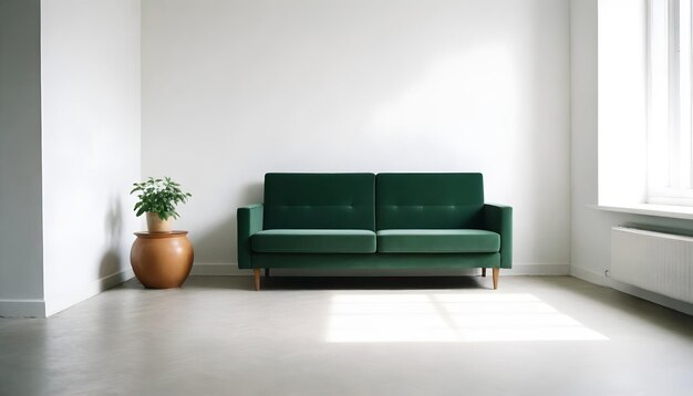 Photo empty living room with green sofa and table on empty white wall background