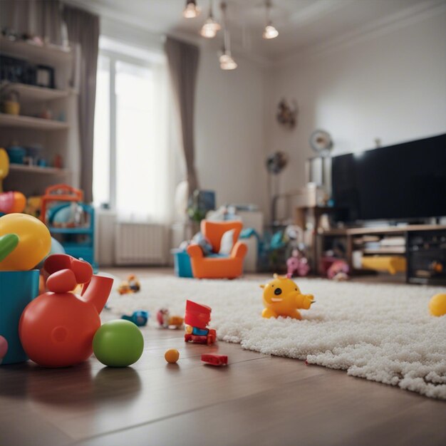 Foto salotto vuoto con la carta da parati dei giocattoli dei bambini disordinati