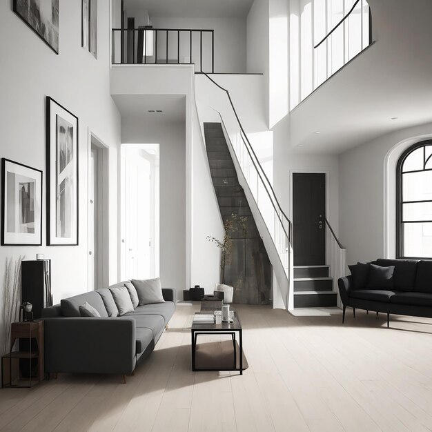 empty living room with sofa staircase and door