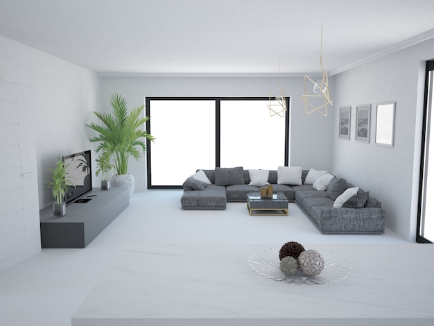 Empty living room with white wall sofa and window