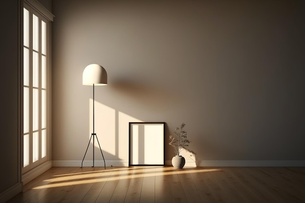 An empty living room with a wooden floor a bright floor lamp and beige walls is shown A scene that displays interior goods for marketing purposes