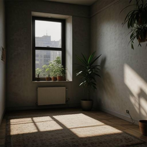 An empty livingroom with plants windows carpet Augmented reality mockup pattern frame