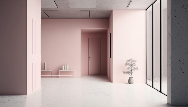 Empty lobby interior empty hotel corridor pink and gray wall Generative AI