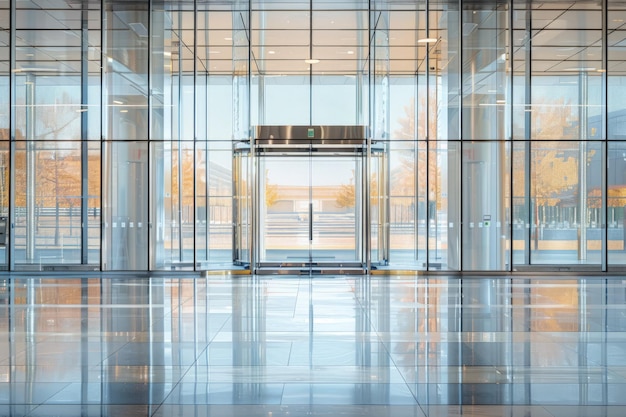 Empty Lobby With Glass Walls and Doors