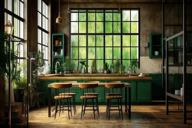 Empty Loft Cafe Kitchen with Table on Blurred Green Background AI