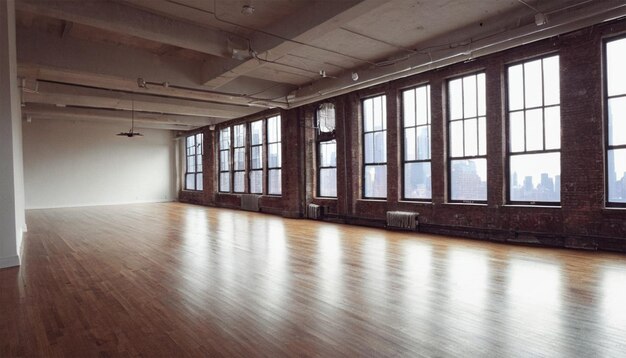 Photo an empty loft in new york with big windows white walls a lamp a carpet and a plant front view