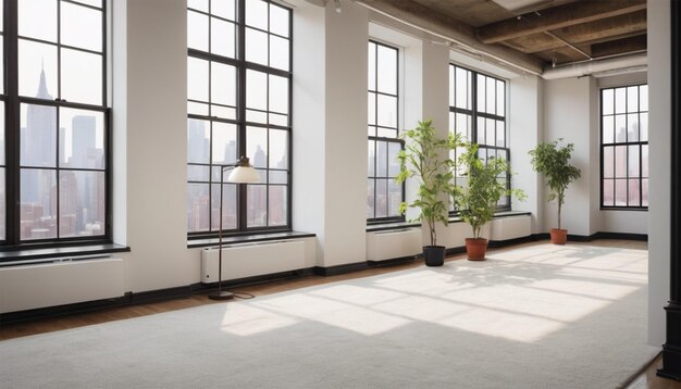 An empty loft in New York with plants windows carpet Augmented reality mockup pattern frame