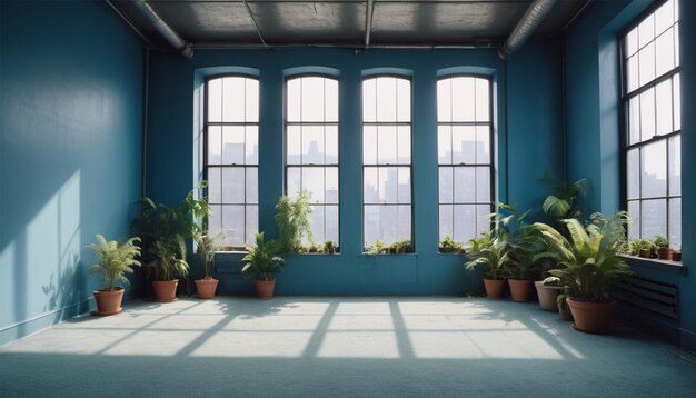 ニューヨークの空っぽのロフトで 植物と窓のカーペット 拡張現実のモックアップパターンフレーム
