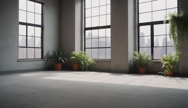 An empty loft in New York with plants windows carpet Augmented reality mockup pattern frame