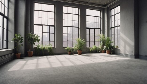 An empty loft in New York with plants windows carpet Augmented reality mockup pattern frame