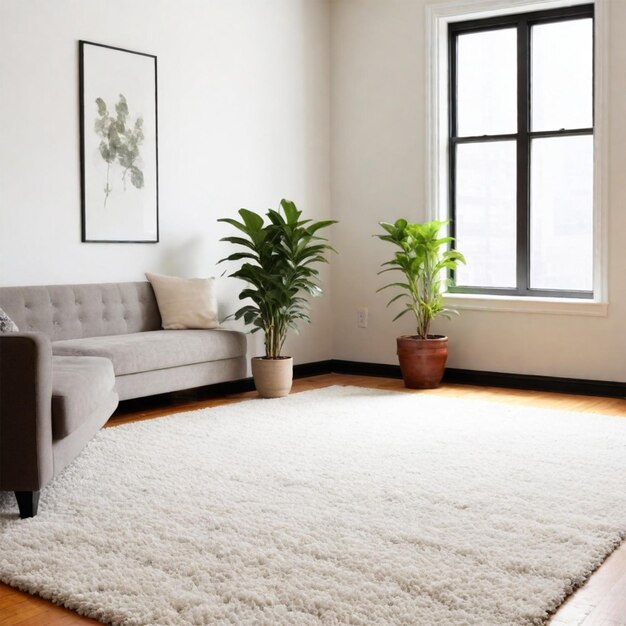 An empty loft in New York with plants windows carpet Augmented reality mockup pattern frame