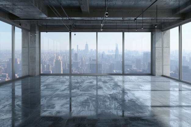 Empty loft style room with concrete floor and city view 3D Render