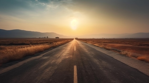 Empty long mountain road to the horizon on a sunny summer day at bright sunset