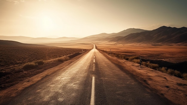 Empty long mountain road to the horizon on a sunny summer day at bright sunset