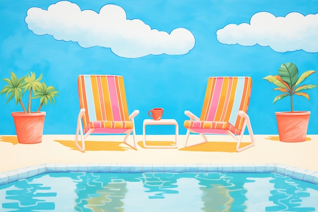 Empty lounge chairs next to a vibrant blue pool