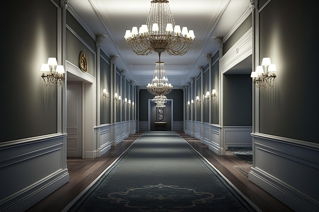 Empty luxury hotel hallway with plush carpet and crystal chandeliers created with generative ai