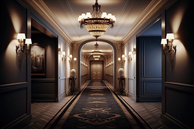 Photo empty luxury hotel hallway with plush carpet and crystal chandeliers created with generative ai