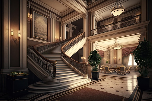 Photo empty luxury hotel reception with view of the grand staircase and lobby created with generative ai