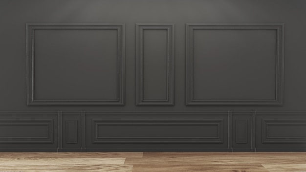 Empty luxury room interior with black wall on wooden floor. 3D rendering