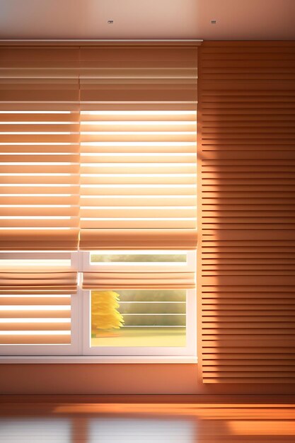 Photo empty luxury room with beige brown wall white window blinds in sunlight shadow on maple wood parqu