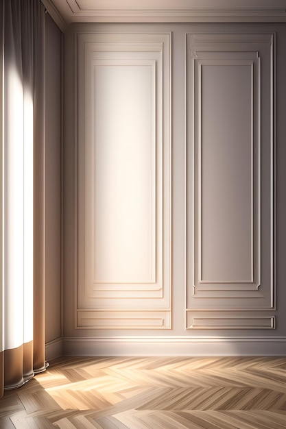 Empty luxury room with beige wall white window white baseboard on maple wooden parquet in dappled