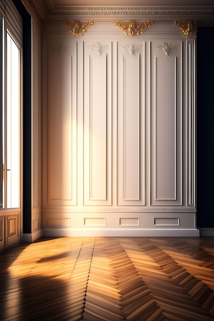 Empty luxury room with beige white wall in dappled sunlight from window tree leaf shadow on wood ch