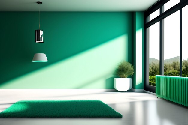 Empty luxury room with mint green turquoise wall white door with glass panel baseboard on gray car