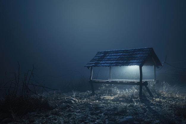 An empty manger at night under foggy conditions