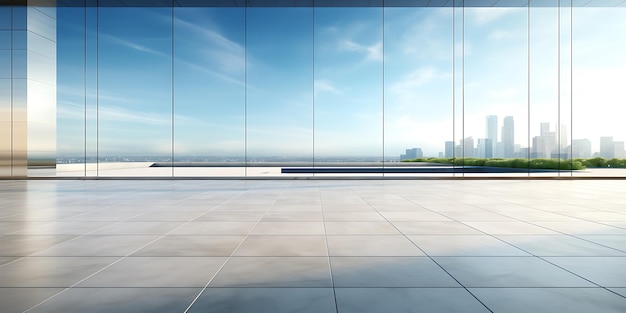 empty marble floor in modern office building with cityscape and blue sky