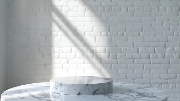 Empty marble podium on bathroom table before white brick wall Generative AI