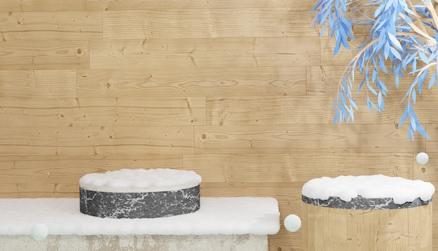 Empty marble podium with leaves and covered by heavy snow 3d rendering winter theme