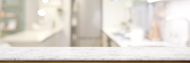 empty marble table in blurred kitchen room