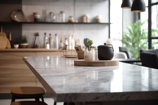 製品ディスプレイのモックアップ用の空の大理石のテーブルとぼやけた白いキッチンの白い壁