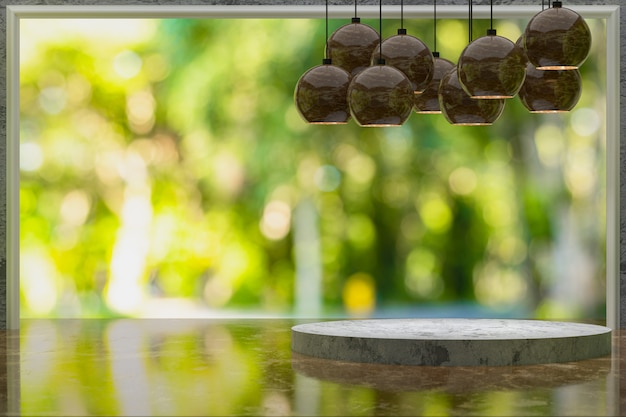 Empty marble table for display of products in Green garden park