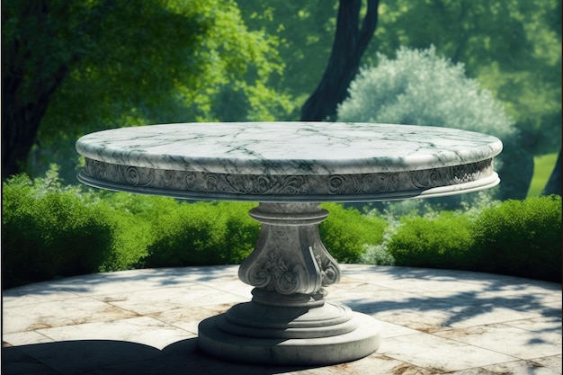 自然の緑の庭の屋外で空の大理石のテーブル