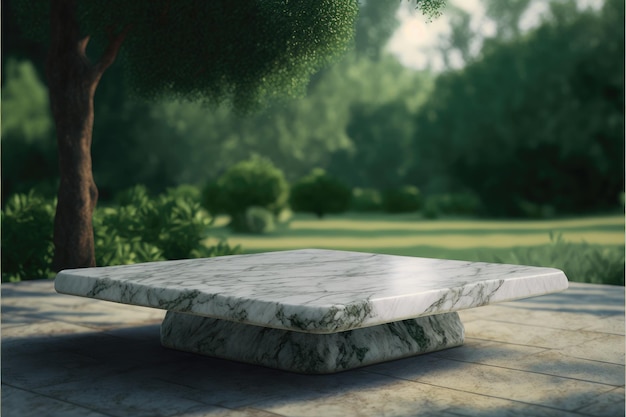 Empty marble table in natural green garden outdoor