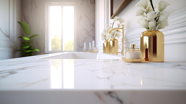 Пустая мраморная столешница с размытой роскошной концепцией макета интерьера ванной комнаты Generative AI